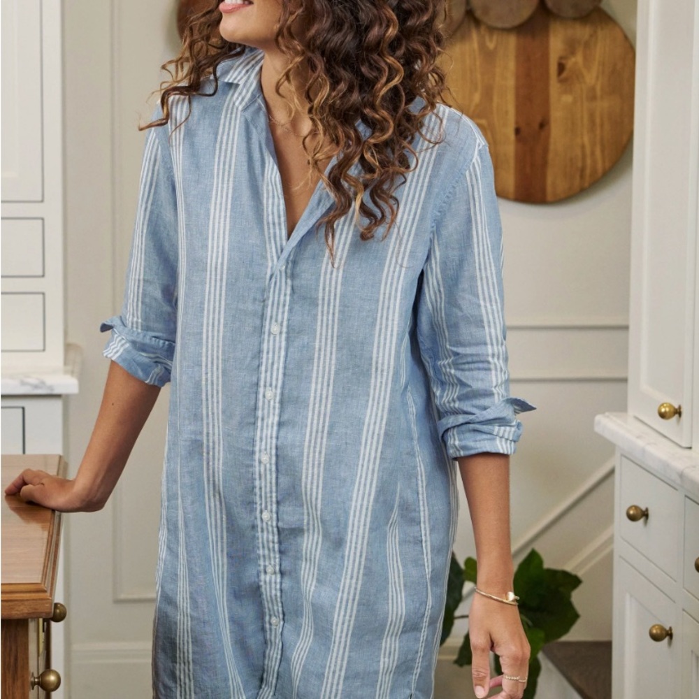 Frank & Eileen Blue Striped linen Hunter Button-Up Shirt Dress xs